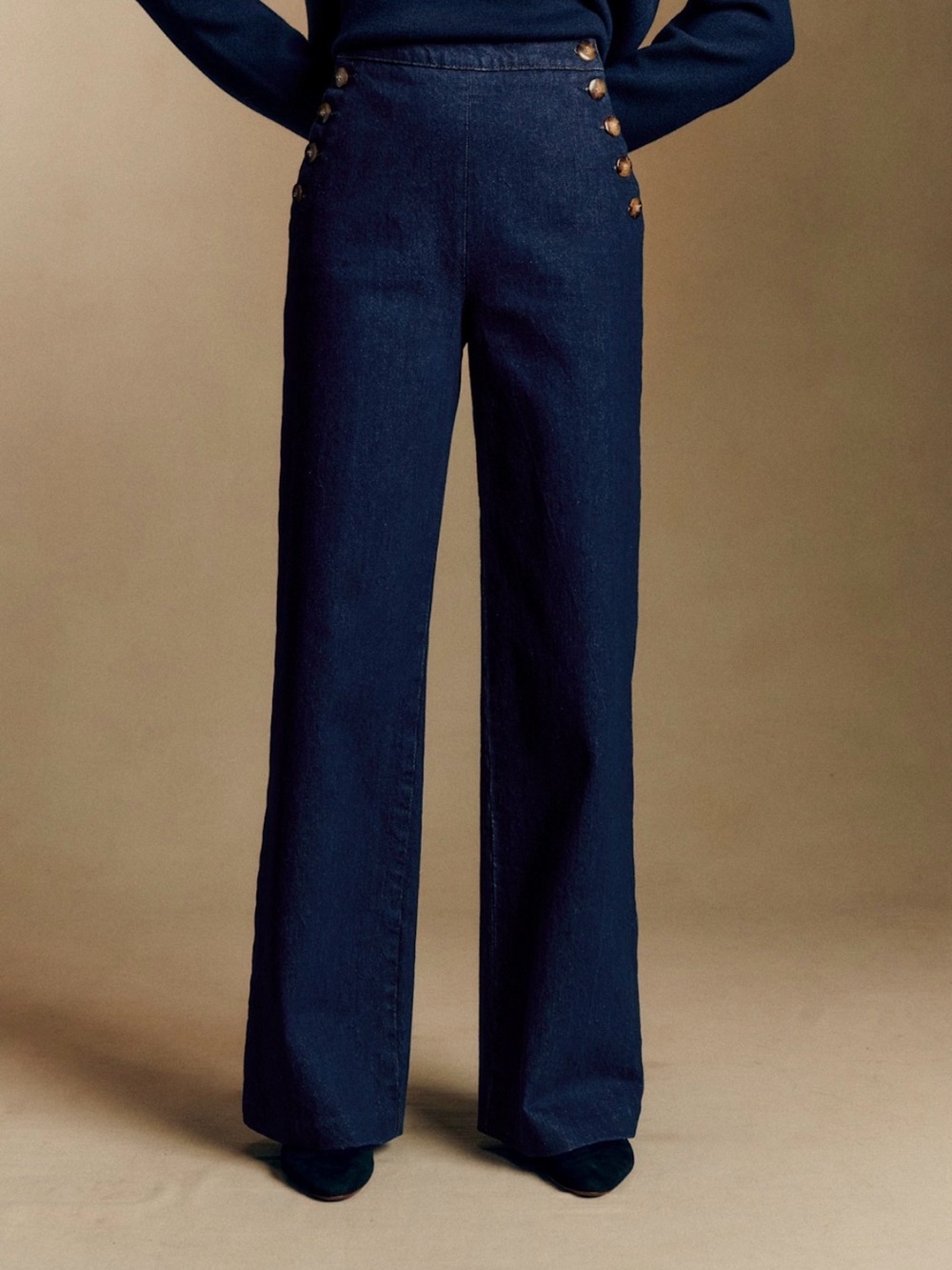 Sézane Marino High Waist Wide Leg Denim Sailor Trousers Size 4